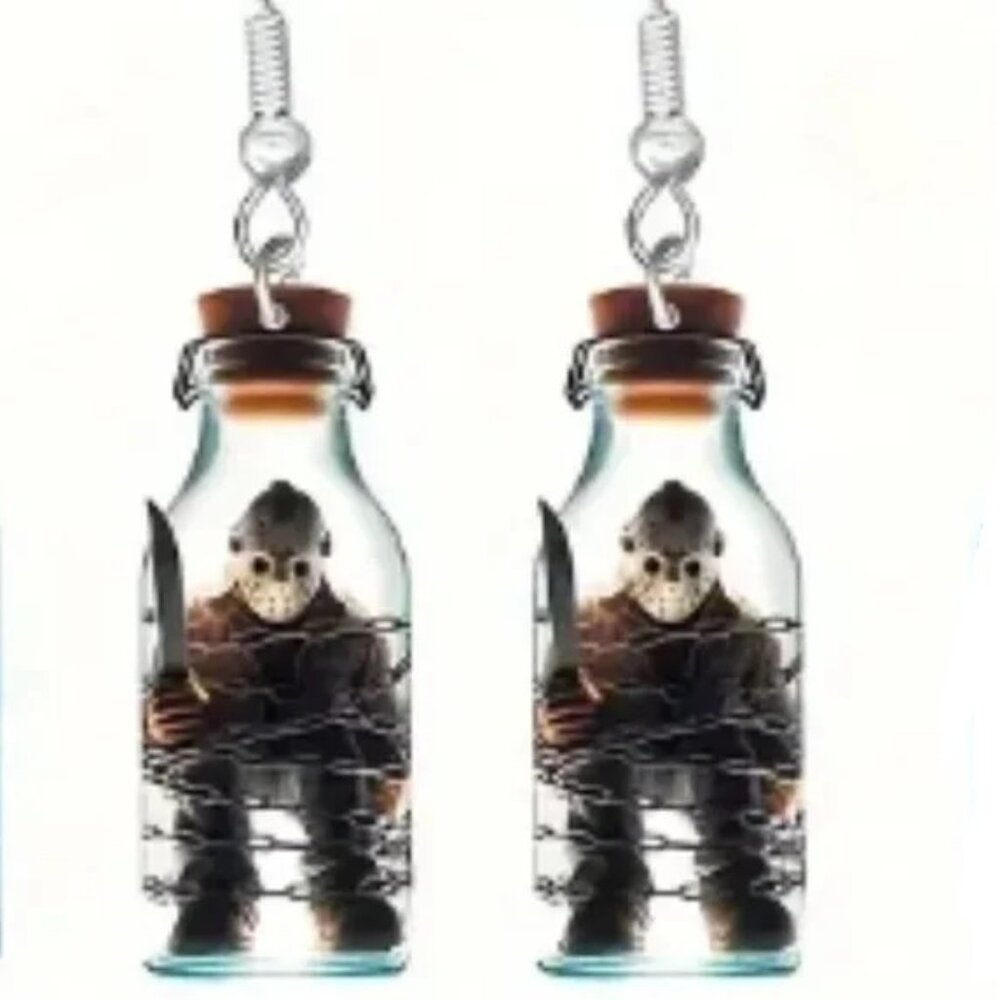 ❤️JASON VOORHEES FRIDAY THE 13th MOVIE BOTTLE DANGLE EARRING - FACTORY SEALED